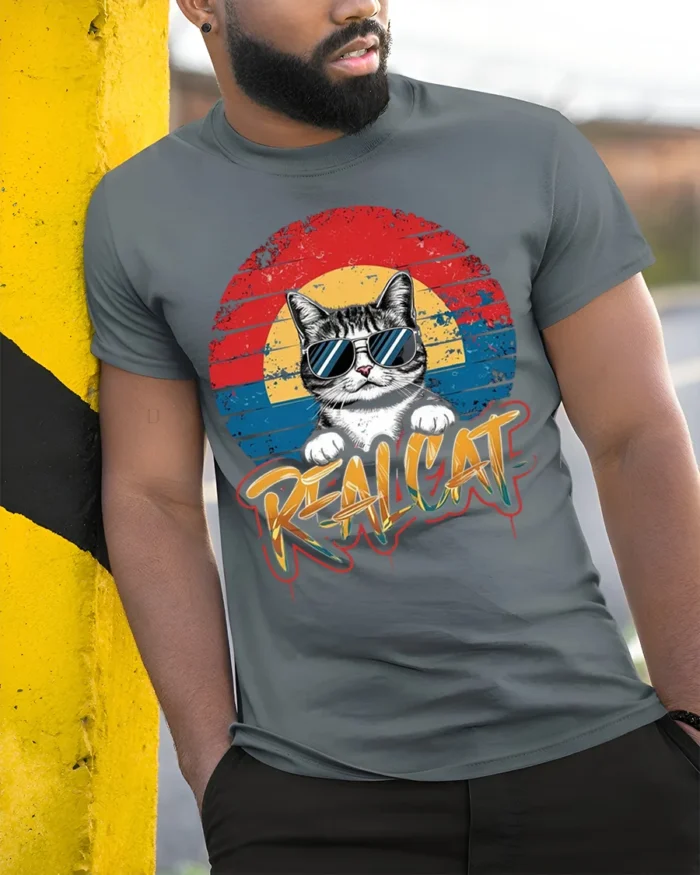 Retro Cool Cat Sunglasses Real Cat Graphic T-shirt - model in grey shirt leaning against column