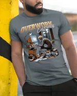 Overwork Culture Skeleton Computer Graphic T-shirt - model in grey shirt leaning against column