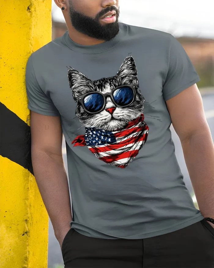 Patriotic American Flag Cool Cat Sunglasses T-shirt - model in grey shirt leaning against column