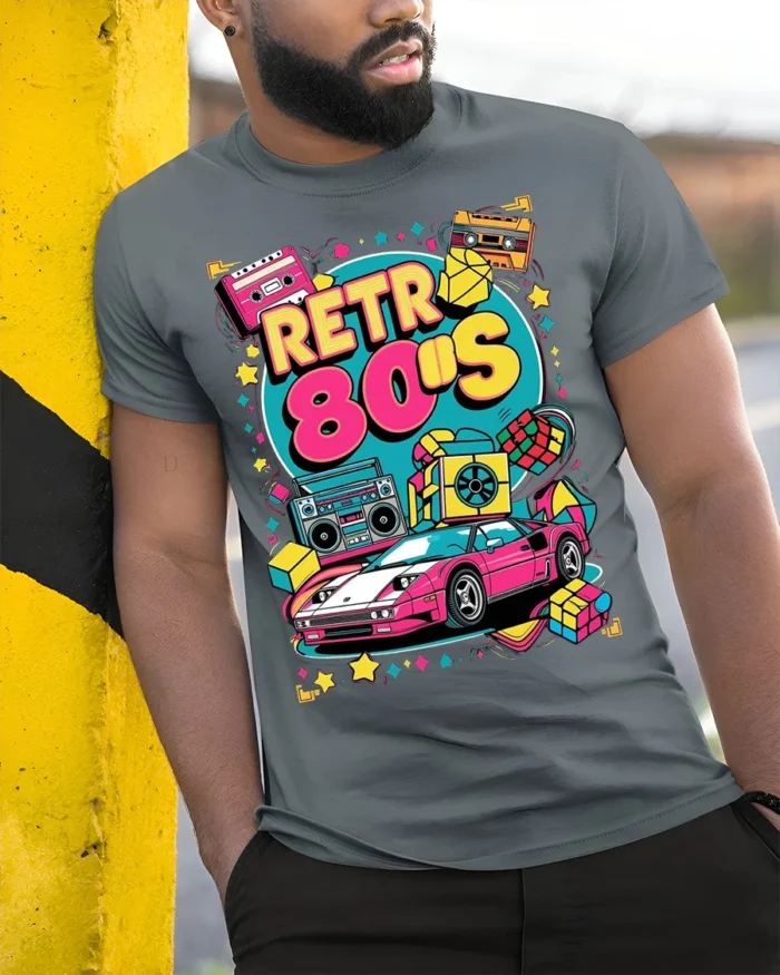 Retro 80s Neon Car Cassette Boombox Graphic T-shirt - model in grey shirt leaning against column