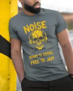 Noise Skull Headphones Rock Music Graphic T-shirt - model in grey shirt leaning against column