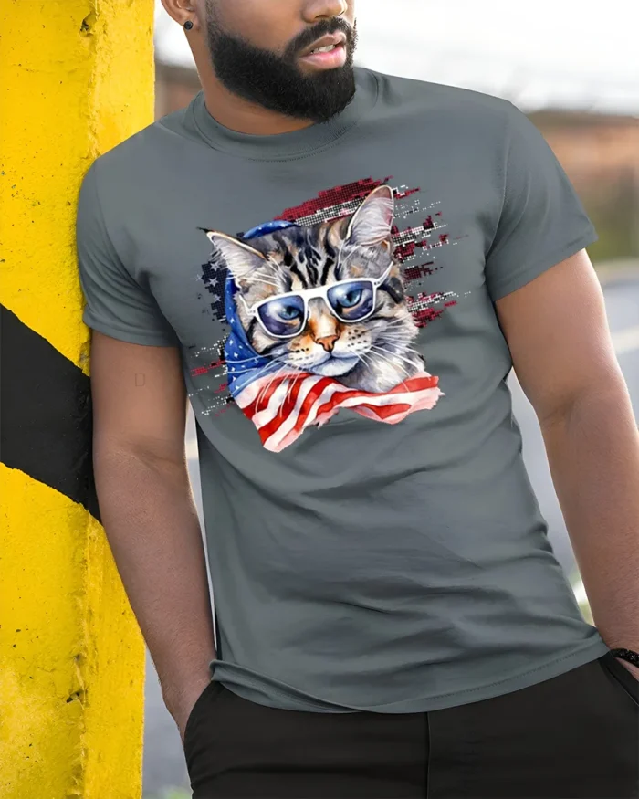 Patriotic American Flag Cat Sunglasses T-shirt - model in grey shirt leaning against column
