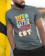Life Is Better With A Cat Cute Graphic T-shirt - model in grey shirt leaning against column
