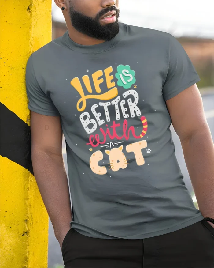 Life Is Better With A Cat Cute Graphic T-shirt - model in grey shirt leaning against column