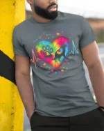 Colorful Dog Paw Heartbeat Pet Lover T-shirt - model in grey shirt leaning against column