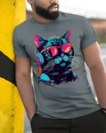 Cool Cat Headphones Neon Sunglasses Graphic T-shirt - model in grey shirt leaning against column