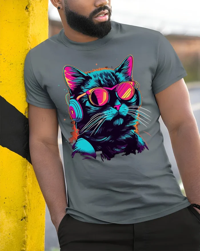 Cool Cat Headphones Neon Sunglasses Graphic T-shirt - model in grey shirt leaning against column