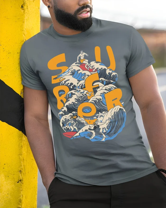 Retro Surf Rider Ocean Wave Graphic T-shirt - model in grey shirt leaning against column