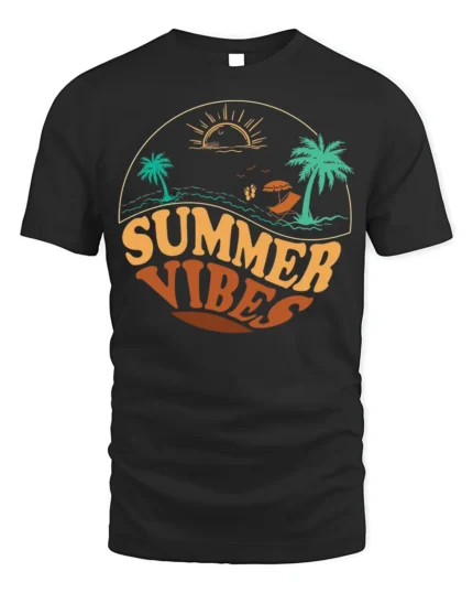 Retro Summer Vibes Beach Sunset Graphic T-Shirt - black t-shirt on white background
