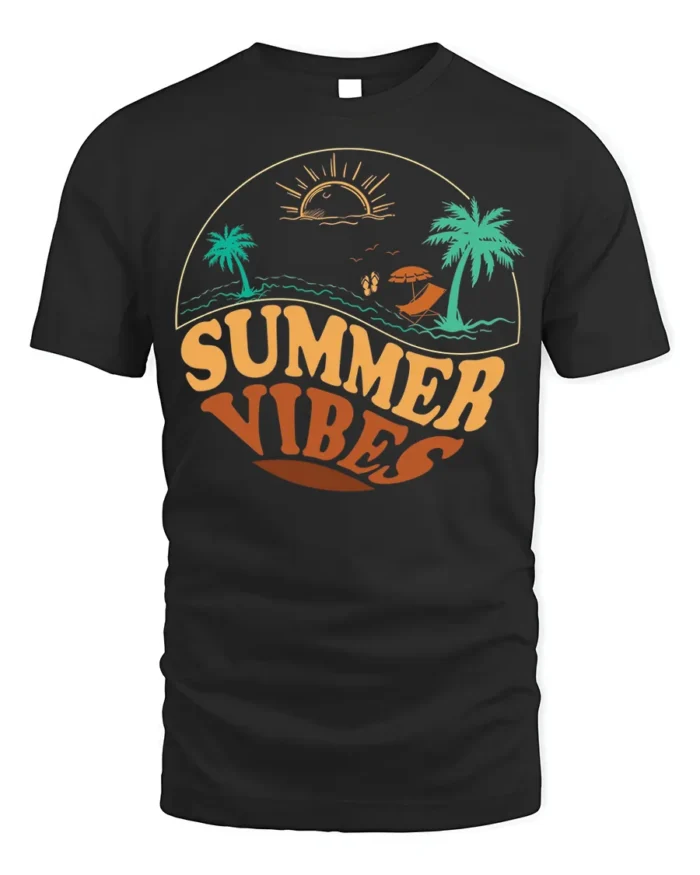 Retro Summer Vibes Beach Sunset Graphic T-Shirt - black t-shirt on white background