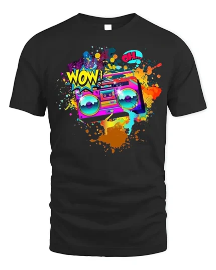 Retro Boombox Wow Pop Art Color Splash T-Shirt - black t-shirt on white background