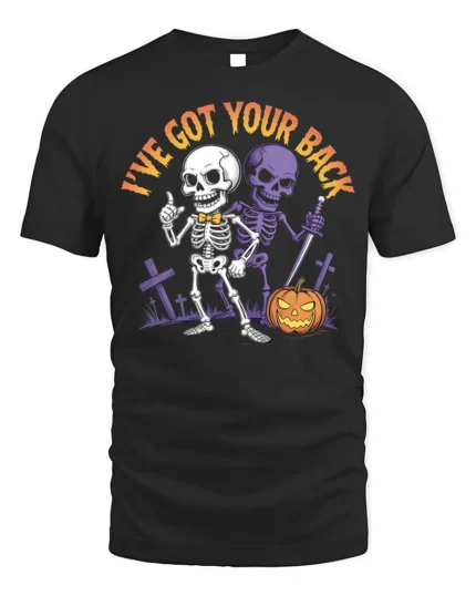 I’ve Got Your Back Funny Skeleton Halloween T-Shirt - black t-shirt on white background
