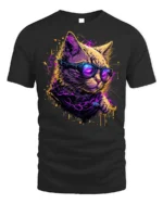 Neon Cyberpunk Cool Cat Sunglasses Graphic T-Shirt - black t-shirt on white background