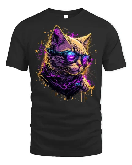 Neon Cyberpunk Cool Cat Sunglasses Graphic T-Shirt - black t-shirt on white background