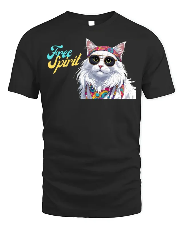 Hippie Cat Free Spirit Graphic T-Shirt - black t-shirt on white background