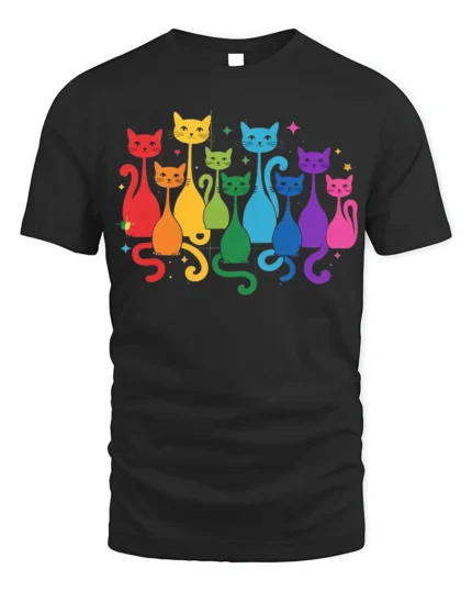 Rainbow Cats Colorful Graphic Pride T-Shirt - black t-shirt on white background