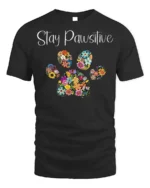 Stay Pawsitive Floral Paw Print T-Shirt - black t-shirt on white background