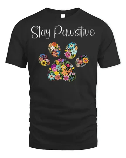 Stay Pawsitive Floral Paw Print T-Shirt - black t-shirt on white background