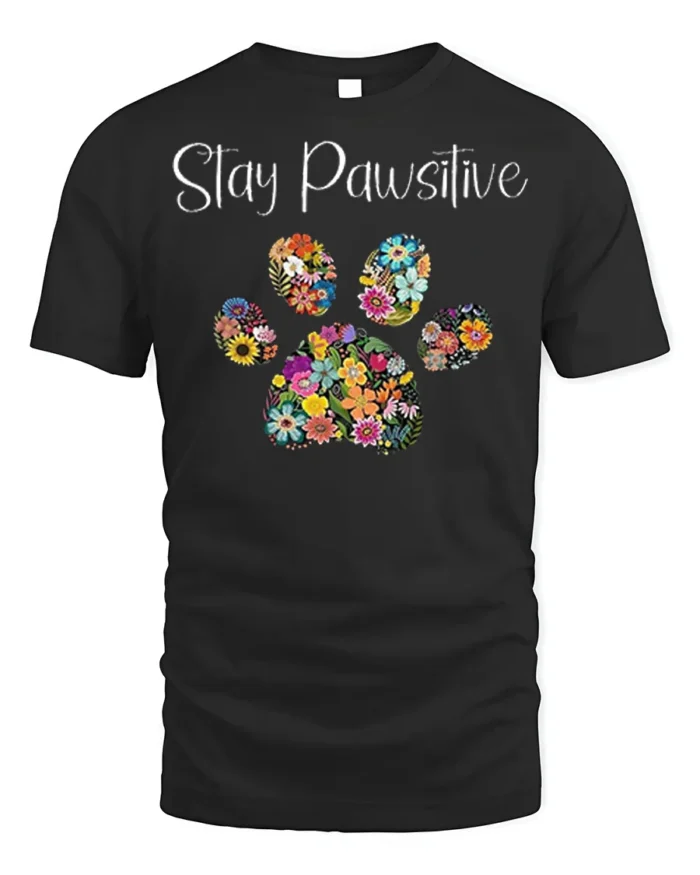 Stay Pawsitive Floral Paw Print T-Shirt - black t-shirt on white background