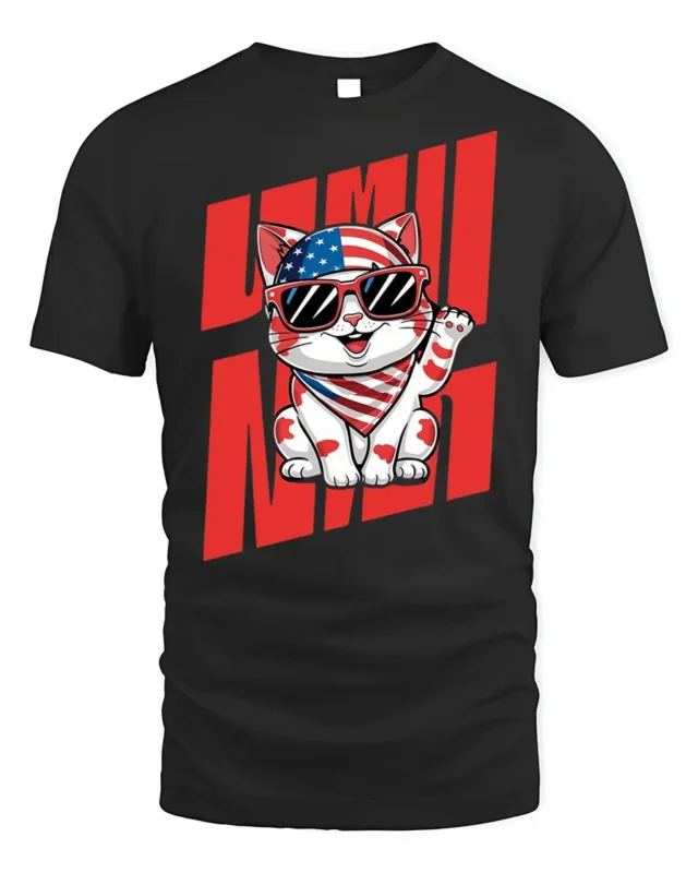 Patriotic Lucky Cat American Flag T-Shirt - black t-shirt on white background