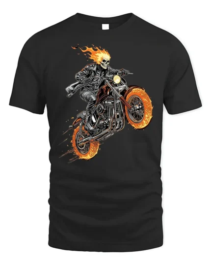 Flaming Skull Rider Motorcycle Graphic T-Shirt - black t-shirt on white background