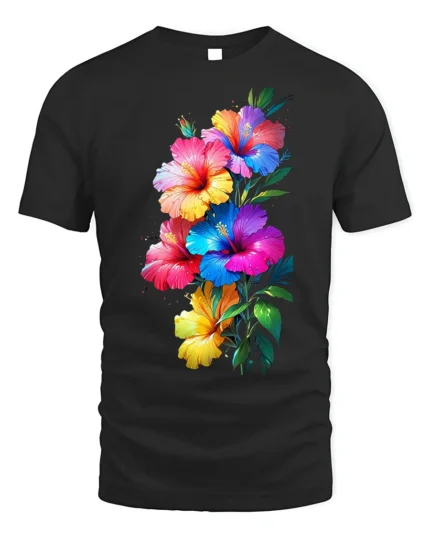 Tropical Hibiscus Bloom Colorful Graphic T-Shirt - black t-shirt on white background