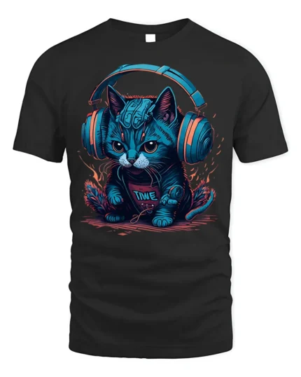 Cyber Cat Headphones Neon Music Graphic T-Shirt - black t-shirt on white background