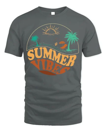 Retro Summer Vibes Beach Sunset Graphic T-Shirt - gray t-shirt on white background