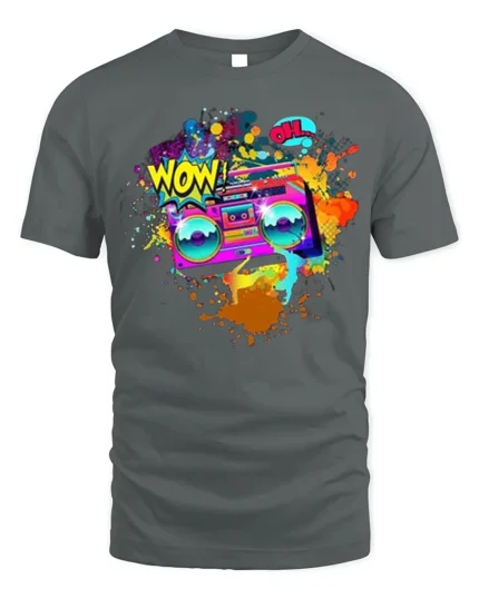 Retro Boombox Wow Pop Art Color Splash T-Shirt - gray t-shirt on white background