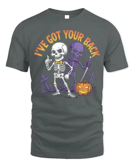I’ve Got Your Back Funny Skeleton Halloween T-Shirt - gray t-shirt on white background