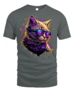 Neon Cyberpunk Cool Cat Sunglasses Graphic T-Shirt - gray t-shirt on white background