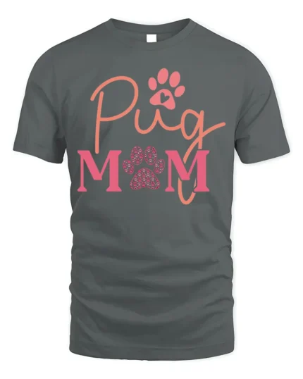 Pug Mom Paw Print Dog Lover Graphic T-Shirt - gray t-shirt on white background