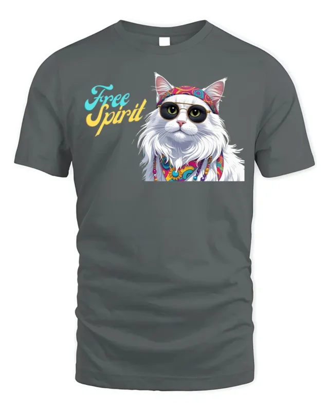 Hippie Cat Free Spirit Graphic T-Shirt - gray t-shirt on white background