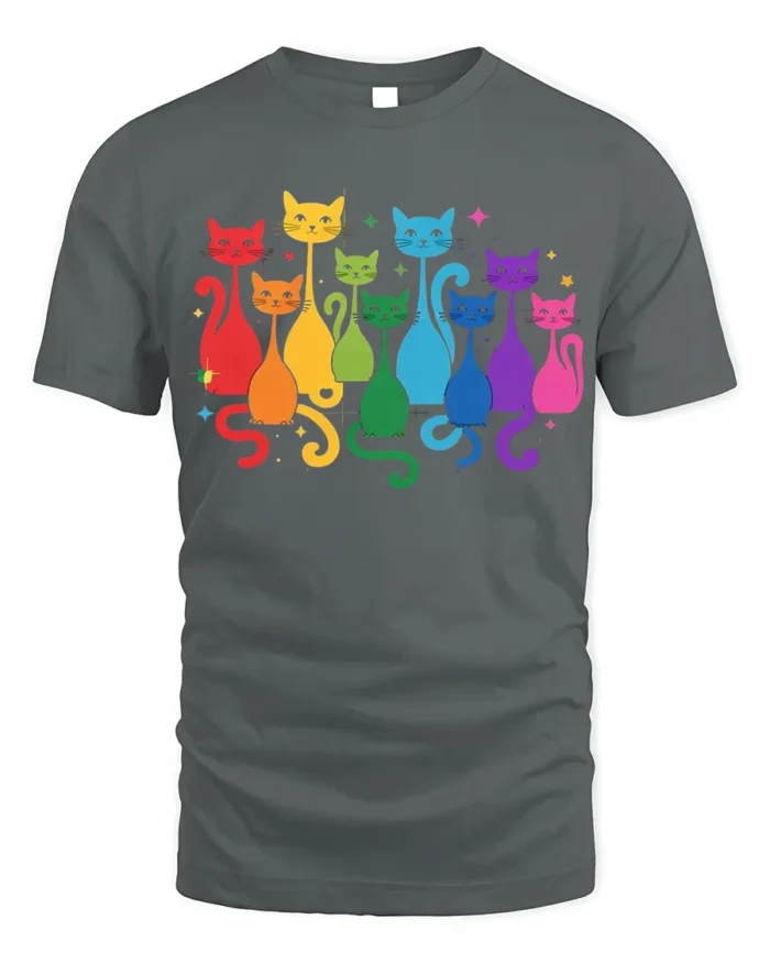 Rainbow Cats Colorful Graphic Pride T-Shirt - gray t-shirt on white background