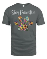 Stay Pawsitive Floral Paw Print T-Shirt - gray t-shirt on white background