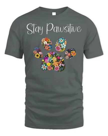 Stay Pawsitive Floral Paw Print T-Shirt - gray t-shirt on white background