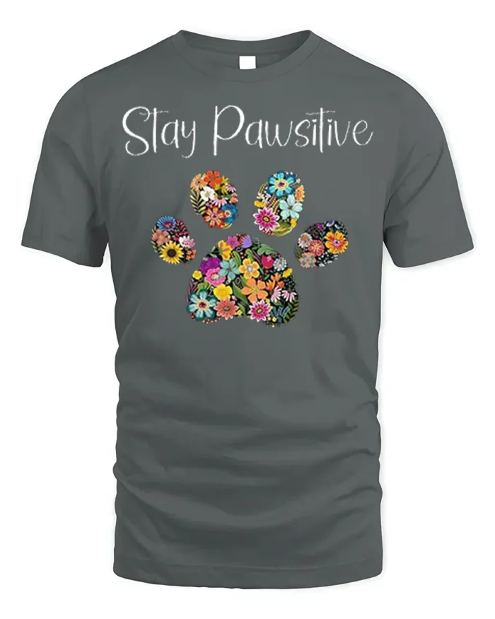 Stay Pawsitive Floral Paw Print T-Shirt - gray t-shirt on white background