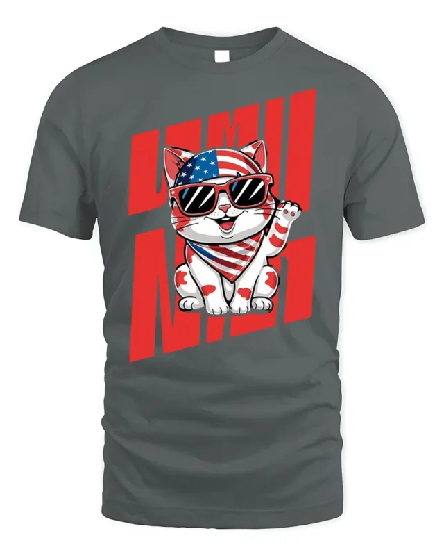 Patriotic Lucky Cat American Flag T-Shirt - gray t-shirt on white background