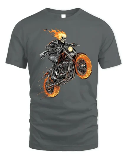 Flaming Skull Rider Motorcycle Graphic T-Shirt - gray t-shirt on white background