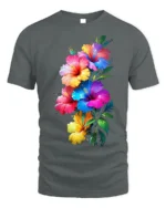 Tropical Hibiscus Bloom Colorful Graphic T-Shirt - gray t-shirt on white background
