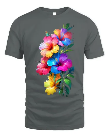 Tropical Hibiscus Bloom Colorful Graphic T-Shirt - gray t-shirt on white background