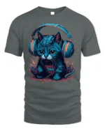 Cyber Cat Headphones Neon Music Graphic T-Shirt - gray t-shirt on white background