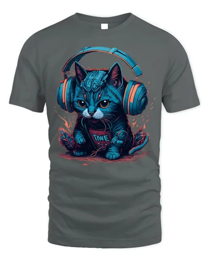 Cyber Cat Headphones Neon Music Graphic T-Shirt - gray t-shirt on white background