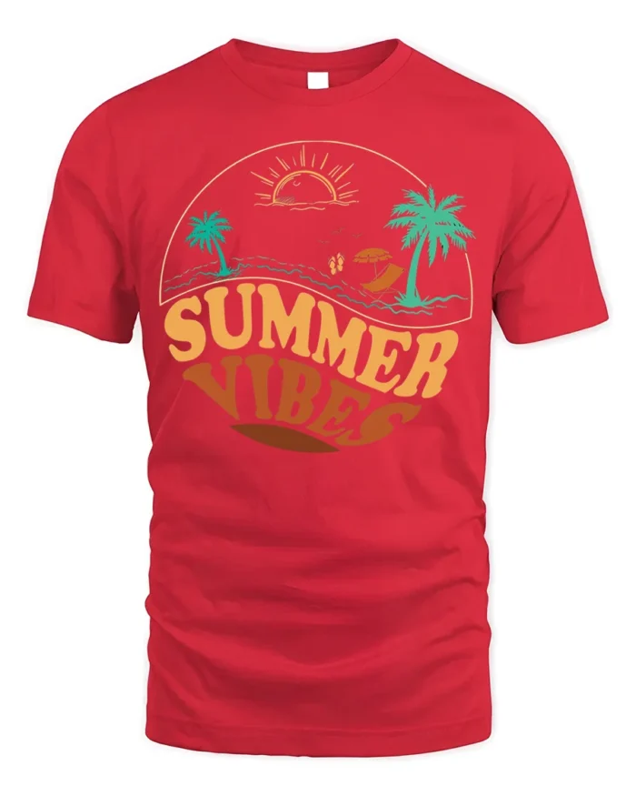 Retro Summer Vibes Beach Sunset Graphic T-Shirt - red t-shirt on white background