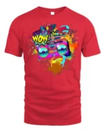 Retro Boombox Wow Pop Art Color Splash T-Shirt - red t-shirt on white background