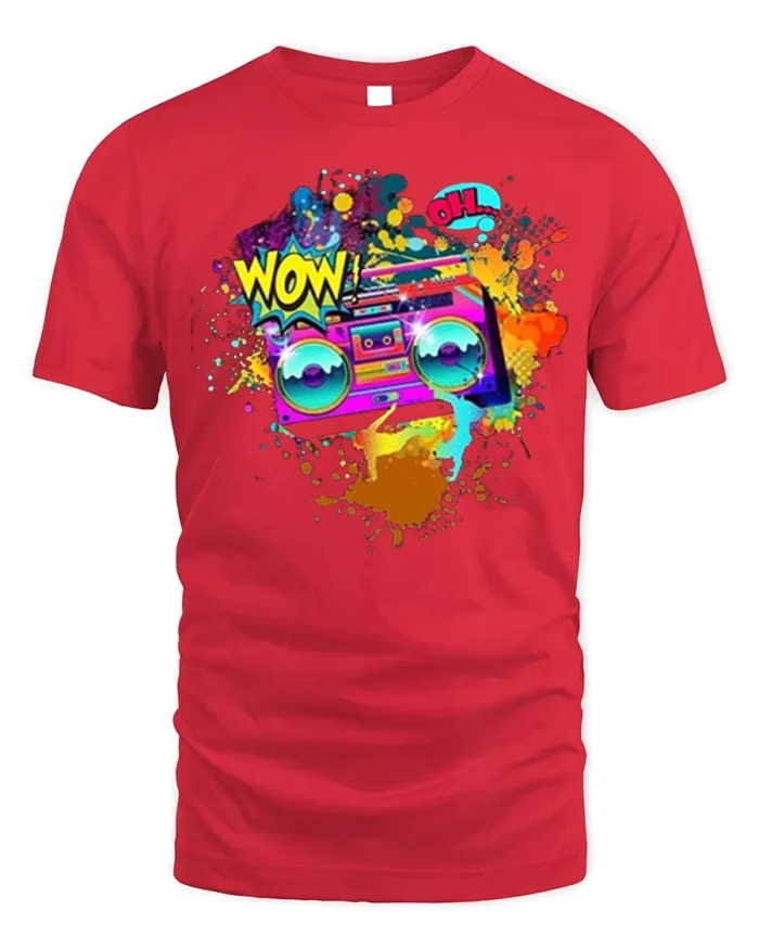Retro Boombox Wow Pop Art Color Splash T-Shirt - red t-shirt on white background