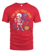 I’ve Got Your Back Funny Skeleton Halloween T-Shirt - red t-shirt on white background