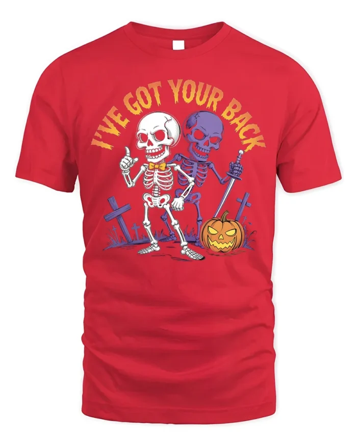 I’ve Got Your Back Funny Skeleton Halloween T-Shirt - red t-shirt on white background