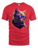 Neon Cyberpunk Cool Cat Sunglasses Graphic T-Shirt - red t-shirt on white background