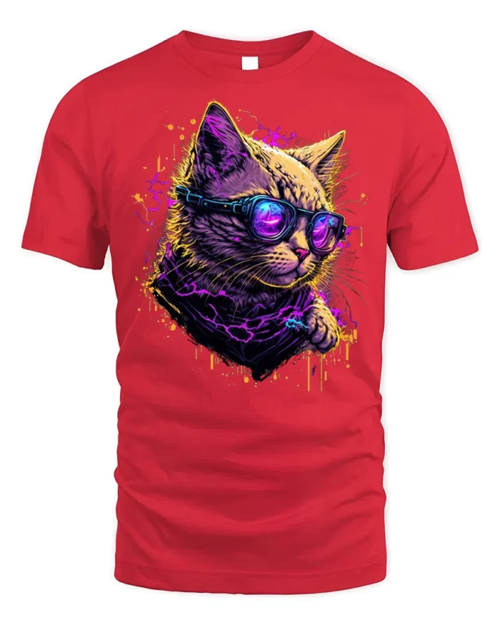 Neon Cyberpunk Cool Cat Sunglasses Graphic T-Shirt - red t-shirt on white background